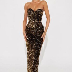 Fashion Nova Becka Sequin Midi Dress - Gold/Black